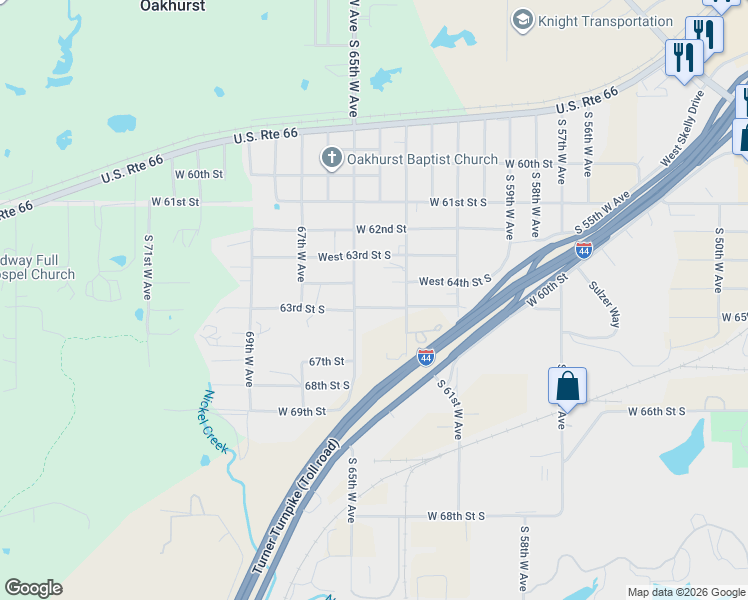 map of restaurants, bars, coffee shops, grocery stores, and more near 6335 West 65th Street South in Tulsa
