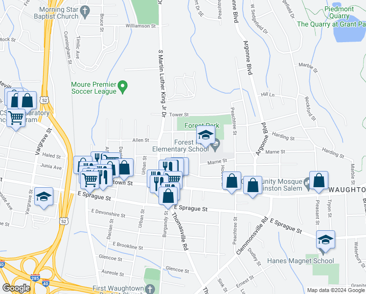 map of restaurants, bars, coffee shops, grocery stores, and more near 1918 Bertha Street in Winston-Salem