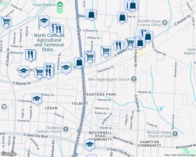 map of restaurants, bars, coffee shops, grocery stores, and more near 221 Gillespie Street in Greensboro