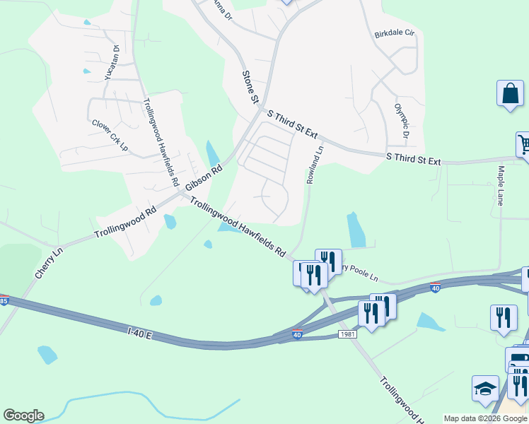 map of restaurants, bars, coffee shops, grocery stores, and more near 1509 Iron Drive in Mebane