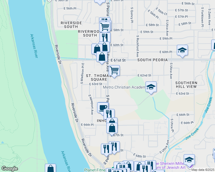 map of restaurants, bars, coffee shops, grocery stores, and more near 6304 South Peoria Avenue in Tulsa