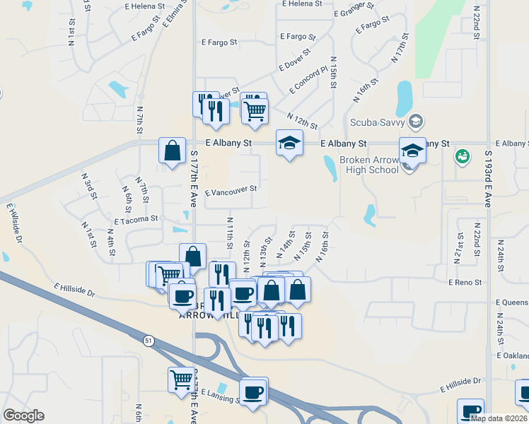 map of restaurants, bars, coffee shops, grocery stores, and more near 1311 East Uniontown Street in Broken Arrow