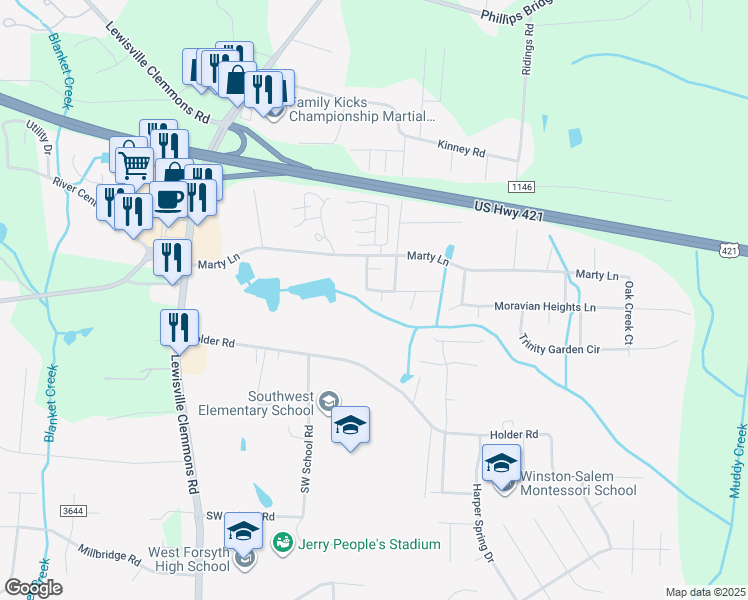 map of restaurants, bars, coffee shops, grocery stores, and more near 6008 Southcrest Drive in Clemmons