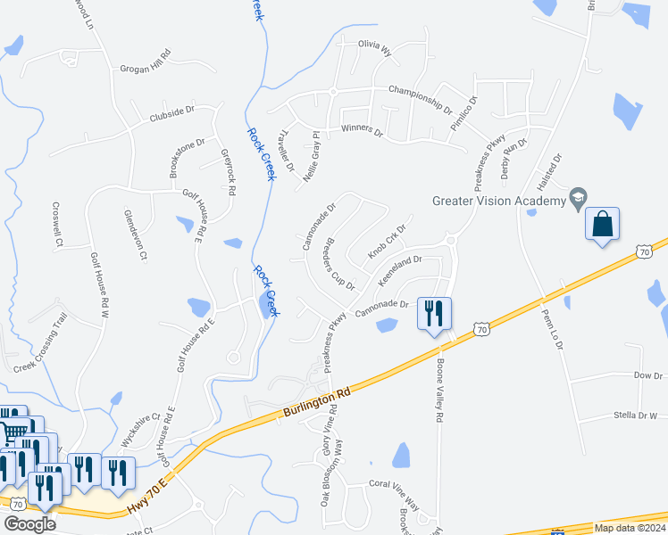 map of restaurants, bars, coffee shops, grocery stores, and more near 743 Breeders Cup Drive in Whitsett