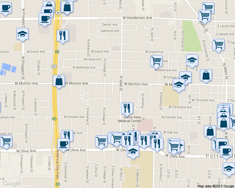 map of restaurants, bars, coffee shops, grocery stores, and more near 351 North Villa Street in Porterville