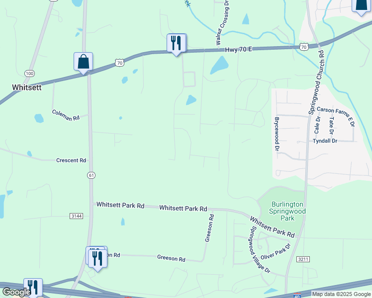 map of restaurants, bars, coffee shops, grocery stores, and more near 122 Boiling Springs Court in Whitsett