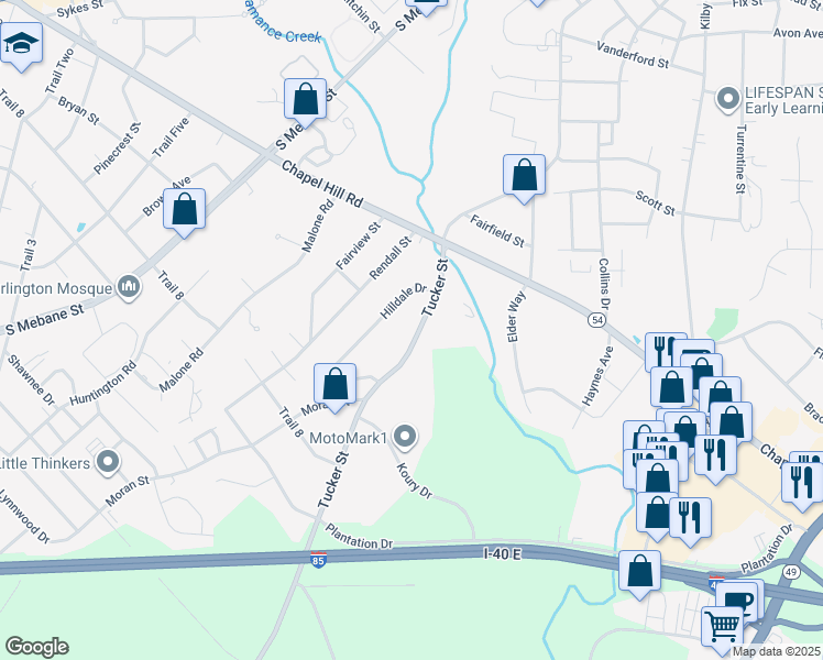 map of restaurants, bars, coffee shops, grocery stores, and more near 1917 Tucker Street in Burlington