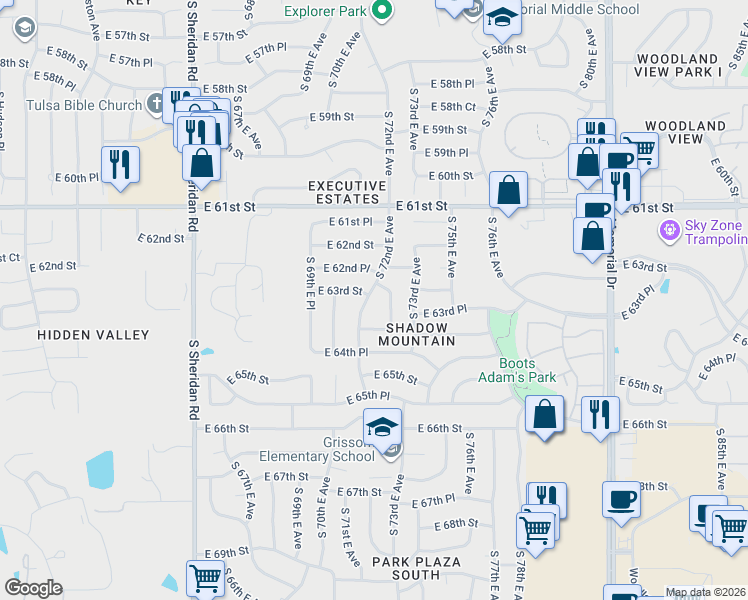 map of restaurants, bars, coffee shops, grocery stores, and more near 6317 South 72nd East Avenue in Tulsa