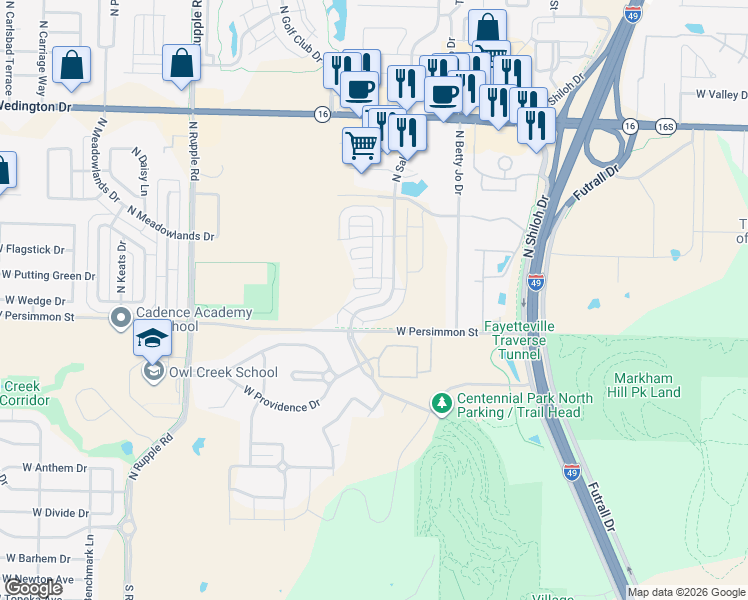 map of restaurants, bars, coffee shops, grocery stores, and more near 545 North Salem Road in Fayetteville