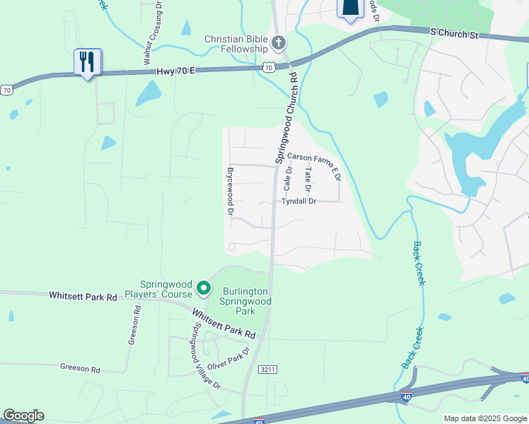 map of restaurants, bars, coffee shops, grocery stores, and more near 30 Ridge Side Court in Gibsonville
