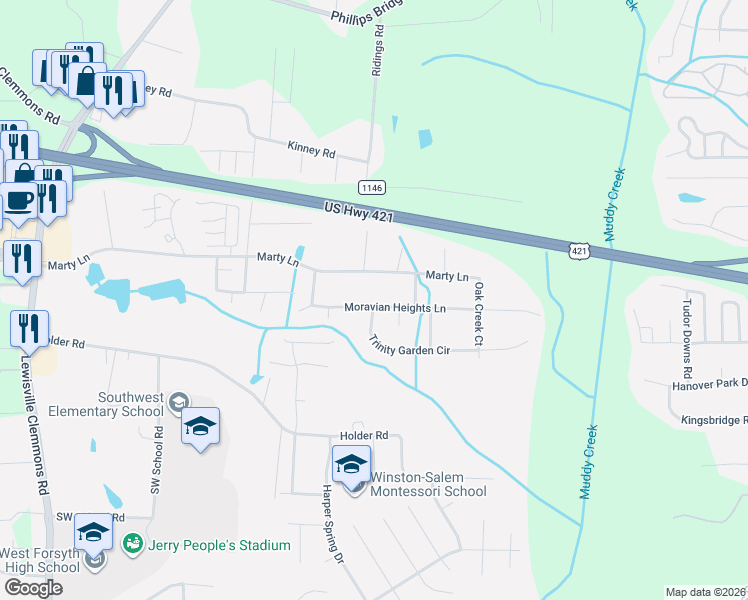 map of restaurants, bars, coffee shops, grocery stores, and more near 5533 Moravian Heights Lane in Clemmons