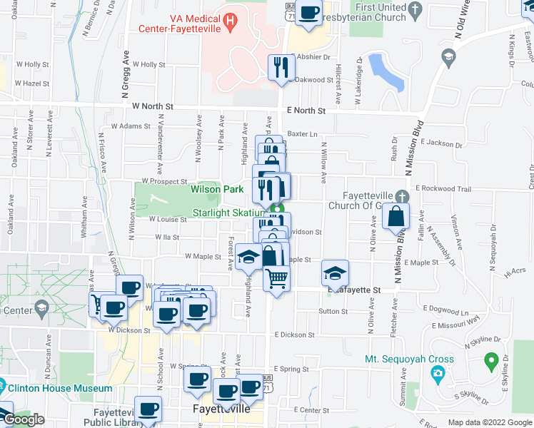 map of restaurants, bars, coffee shops, grocery stores, and more near 617 North College Avenue in Fayetteville