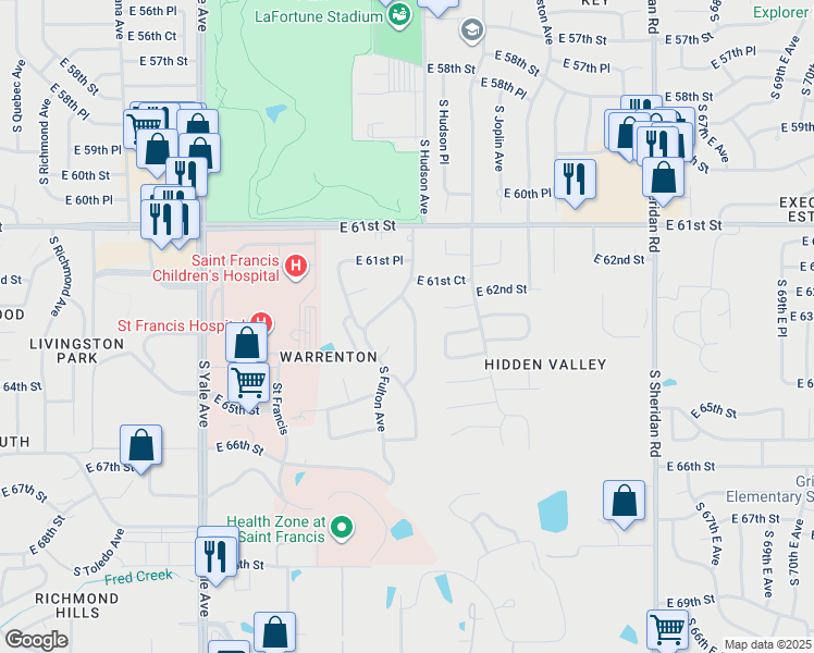 map of restaurants, bars, coffee shops, grocery stores, and more near 6234 South Hudson Avenue in Tulsa