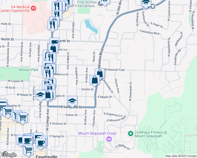 map of restaurants, bars, coffee shops, grocery stores, and more near 699 North Assembly Road in Fayetteville
