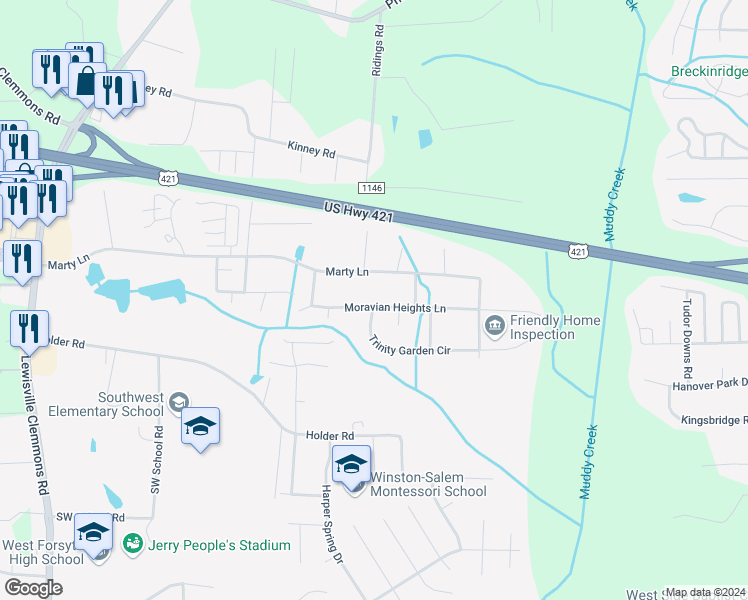 map of restaurants, bars, coffee shops, grocery stores, and more near 5525 Moravian Heights Lane in Clemmons