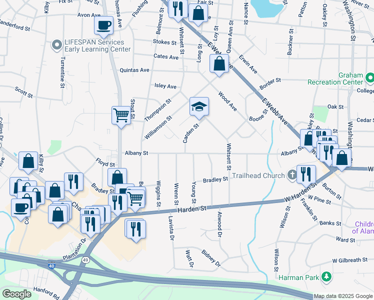 map of restaurants, bars, coffee shops, grocery stores, and more near 327 Albany Street in Burlington