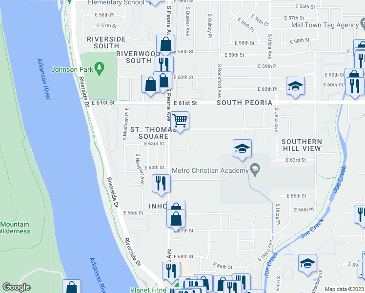 map of restaurants, bars, coffee shops, grocery stores, and more near 6315 South Peoria Avenue in Tulsa