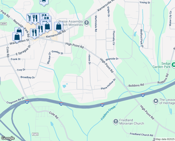 map of restaurants, bars, coffee shops, grocery stores, and more near 138 Hines Dr in Winston-Salem