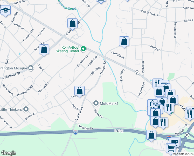 map of restaurants, bars, coffee shops, grocery stores, and more near 1917 Tucker Street in Burlington
