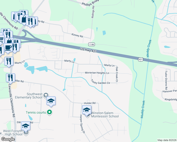 map of restaurants, bars, coffee shops, grocery stores, and more near 5533 Moravian Heights Lane in Clemmons