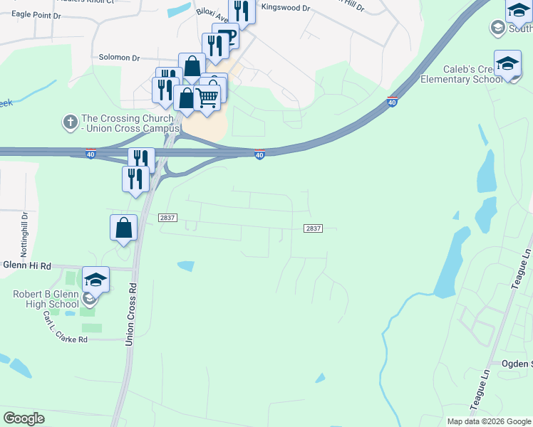 map of restaurants, bars, coffee shops, grocery stores, and more near 1137 Glennview Drive in Kernersville