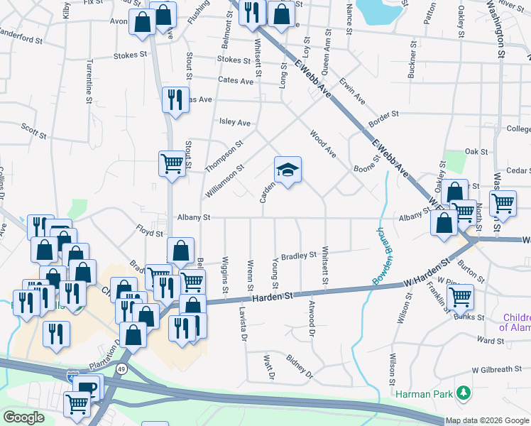 map of restaurants, bars, coffee shops, grocery stores, and more near 327 Albany Street in Burlington
