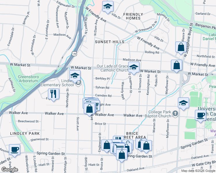 map of restaurants, bars, coffee shops, grocery stores, and more near 207 West Greenway Drive South in Greensboro