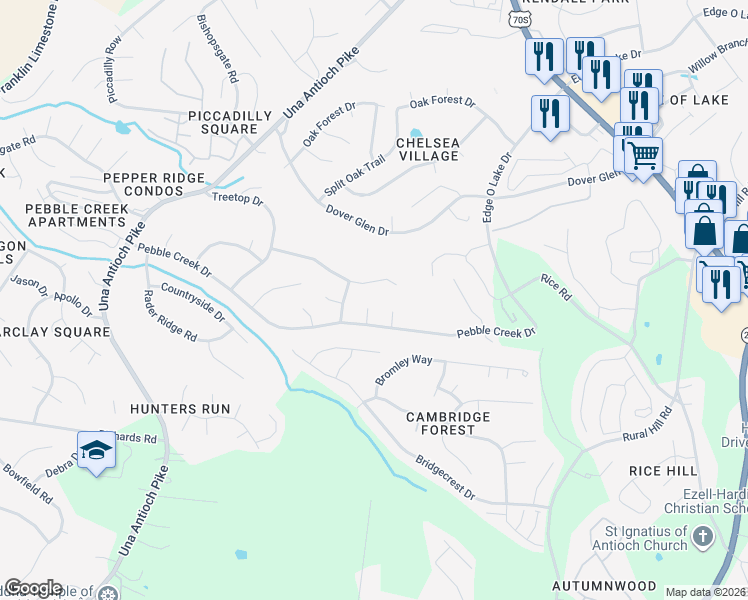 map of restaurants, bars, coffee shops, grocery stores, and more near 1113 Pebble Creek Court East in Nashville