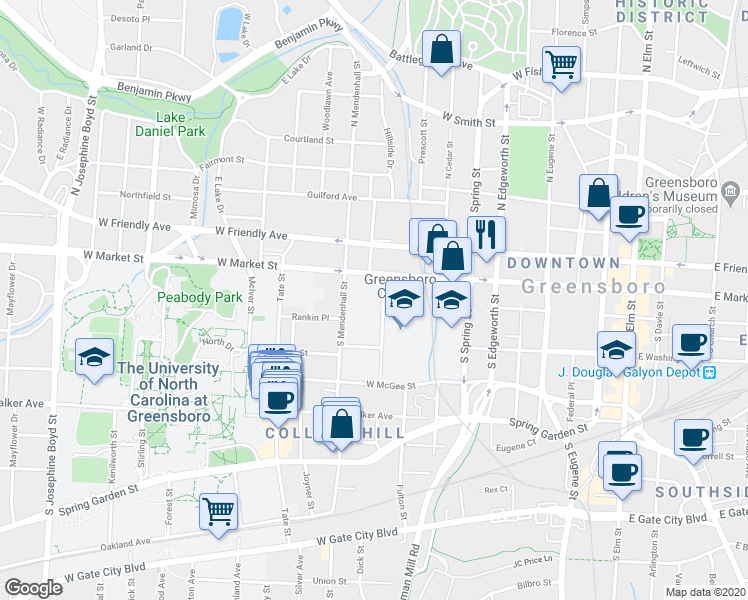 map of restaurants, bars, coffee shops, grocery stores, and more near 110 College Place in Greensboro