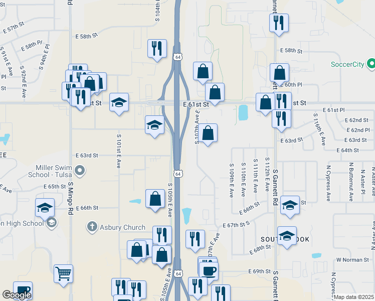 map of restaurants, bars, coffee shops, grocery stores, and more near 6304 South 107th East Avenue in Tulsa