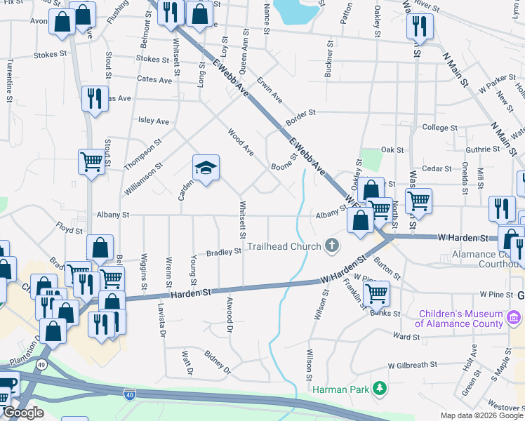 map of restaurants, bars, coffee shops, grocery stores, and more near 221 Albany Street in Burlington