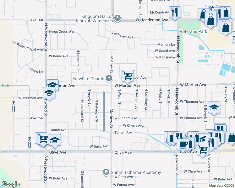 map of restaurants, bars, coffee shops, grocery stores, and more near 343 North Walch Street in Porterville