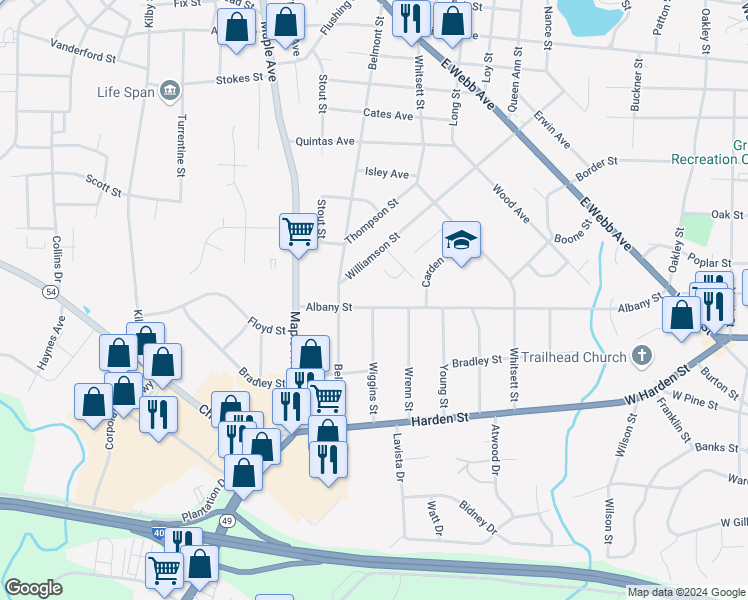 map of restaurants, bars, coffee shops, grocery stores, and more near 359 Albany Street in Burlington