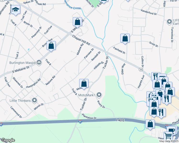 map of restaurants, bars, coffee shops, grocery stores, and more near 1937 Hilldale Drive in Burlington