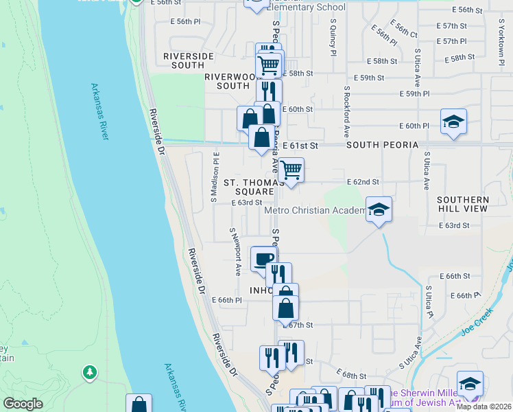 map of restaurants, bars, coffee shops, grocery stores, and more near in Tulsa