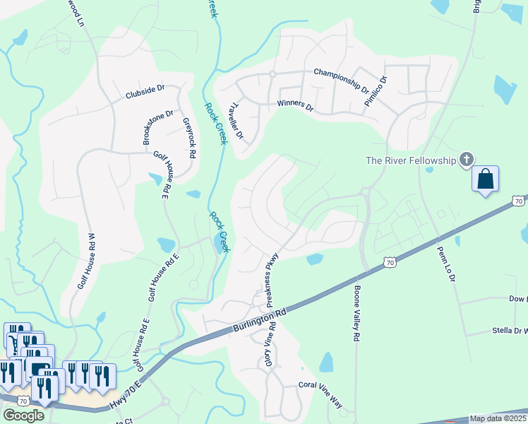 map of restaurants, bars, coffee shops, grocery stores, and more near 744 Breeders Cup Drive in Whitsett