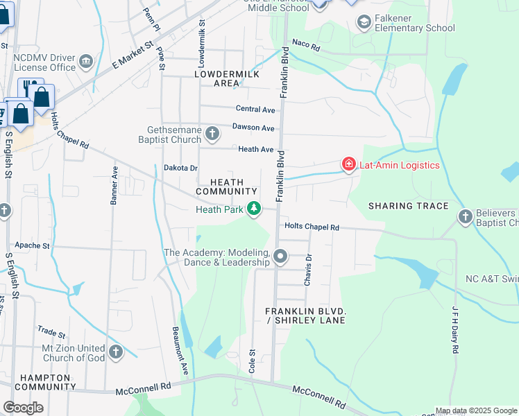 map of restaurants, bars, coffee shops, grocery stores, and more near 98 Franklinwood Drive in Greensboro