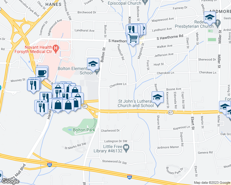 map of restaurants, bars, coffee shops, grocery stores, and more near 1318 Berwick Road Southwest in Winston-Salem