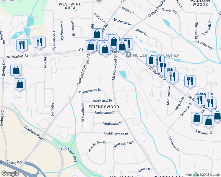 map of restaurants, bars, coffee shops, grocery stores, and more near 212 Meadowood Street in Greensboro