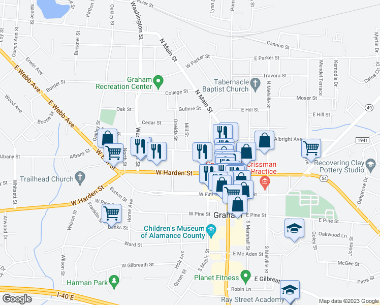 map of restaurants, bars, coffee shops, grocery stores, and more near 216 West Market Street in Graham