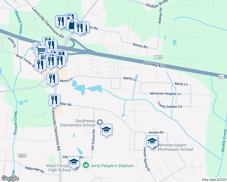 map of restaurants, bars, coffee shops, grocery stores, and more near 6000 Southcrest Drive in Clemmons