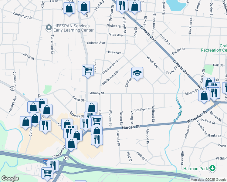 map of restaurants, bars, coffee shops, grocery stores, and more near 353 Albany Street in Burlington