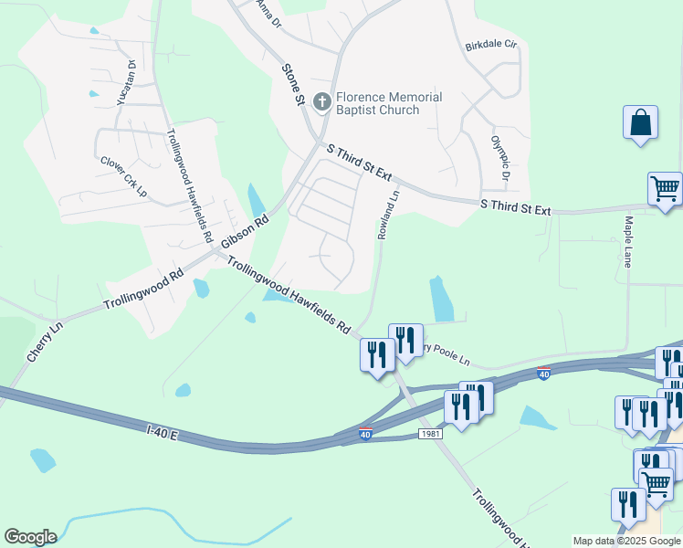 map of restaurants, bars, coffee shops, grocery stores, and more near 1509 Iron Drive in Mebane