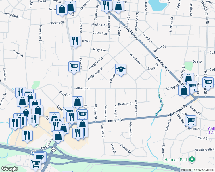 map of restaurants, bars, coffee shops, grocery stores, and more near 327 Albany Street in Burlington