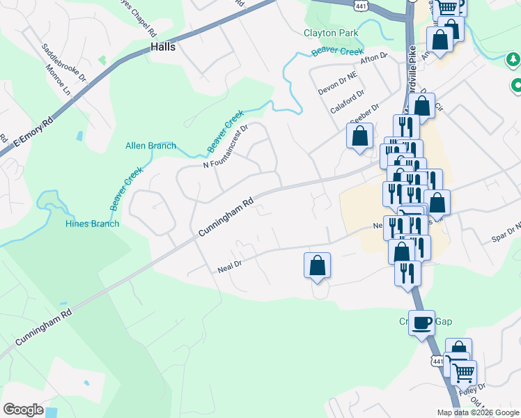 map of restaurants, bars, coffee shops, grocery stores, and more near 6905 Kings Crossing Way in Knoxville