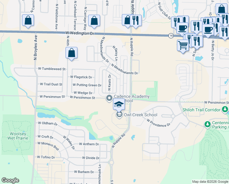 map of restaurants, bars, coffee shops, grocery stores, and more near 530 North Tennyson Lane in Fayetteville