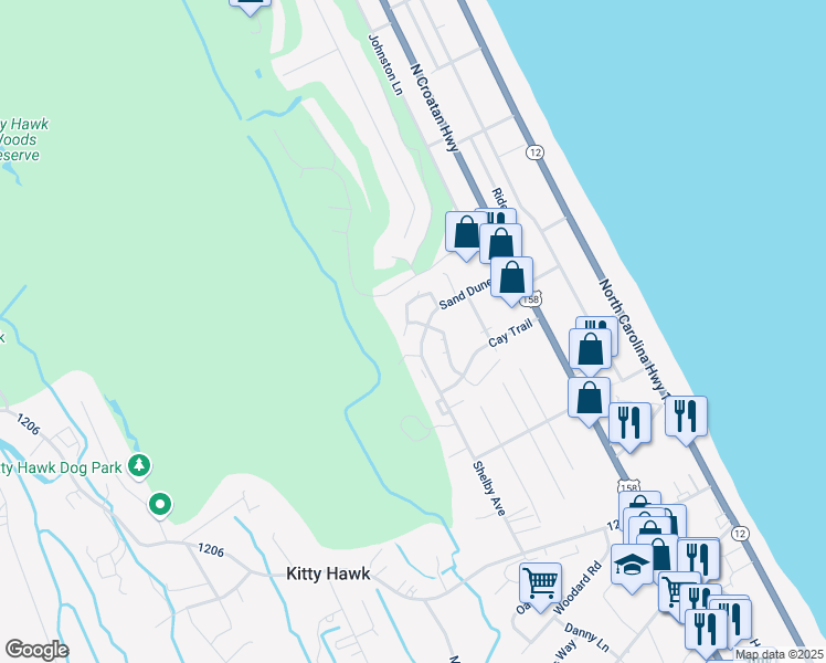 map of restaurants, bars, coffee shops, grocery stores, and more near 2703 Neptune Way in Kitty Hawk
