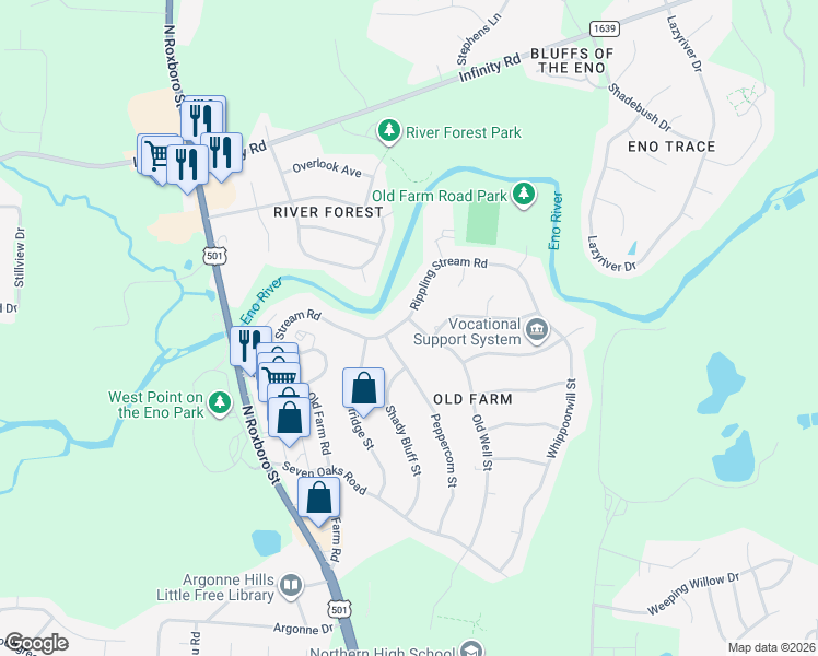 map of restaurants, bars, coffee shops, grocery stores, and more near 5705 Old Well Street in Durham
