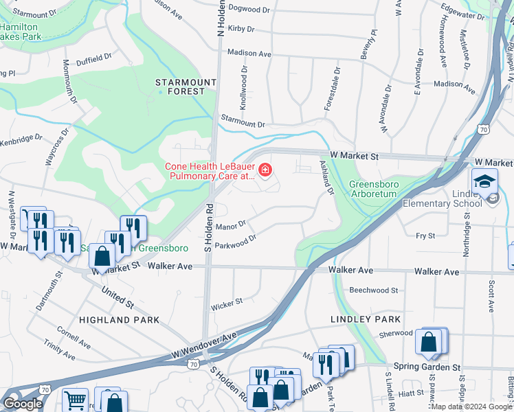 map of restaurants, bars, coffee shops, grocery stores, and more near 105 Manor Court in Greensboro