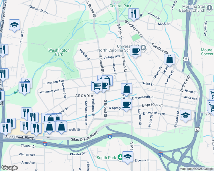 map of restaurants, bars, coffee shops, grocery stores, and more near 134 W Banner Ave in Winston-Salem